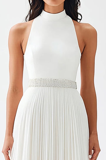 High Neck Chiffon A Line Ivory Engagement Dress with Belt